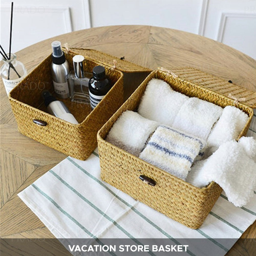 PRADO Lidded Seagrass Rattan Storage Hamper