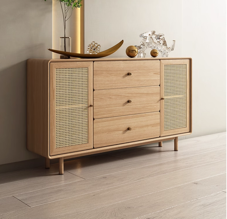 Solid Wood Rattan Woven TV Side Cabinet