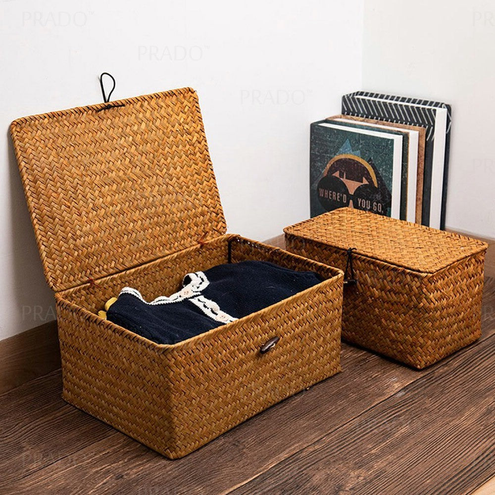 PRADO Lidded Seagrass Rattan Storage Hamper