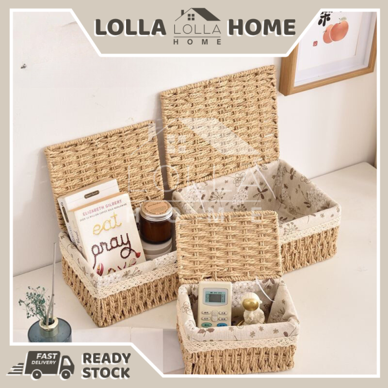 Lidded Fabric Rattan Storage Organizer Box