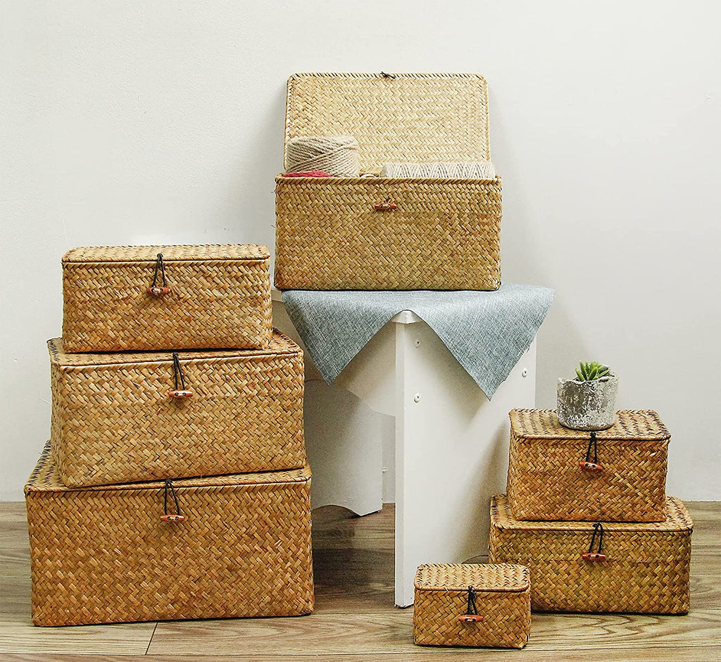 Lidded Handwoven Seagrass Rattan Storage Basket