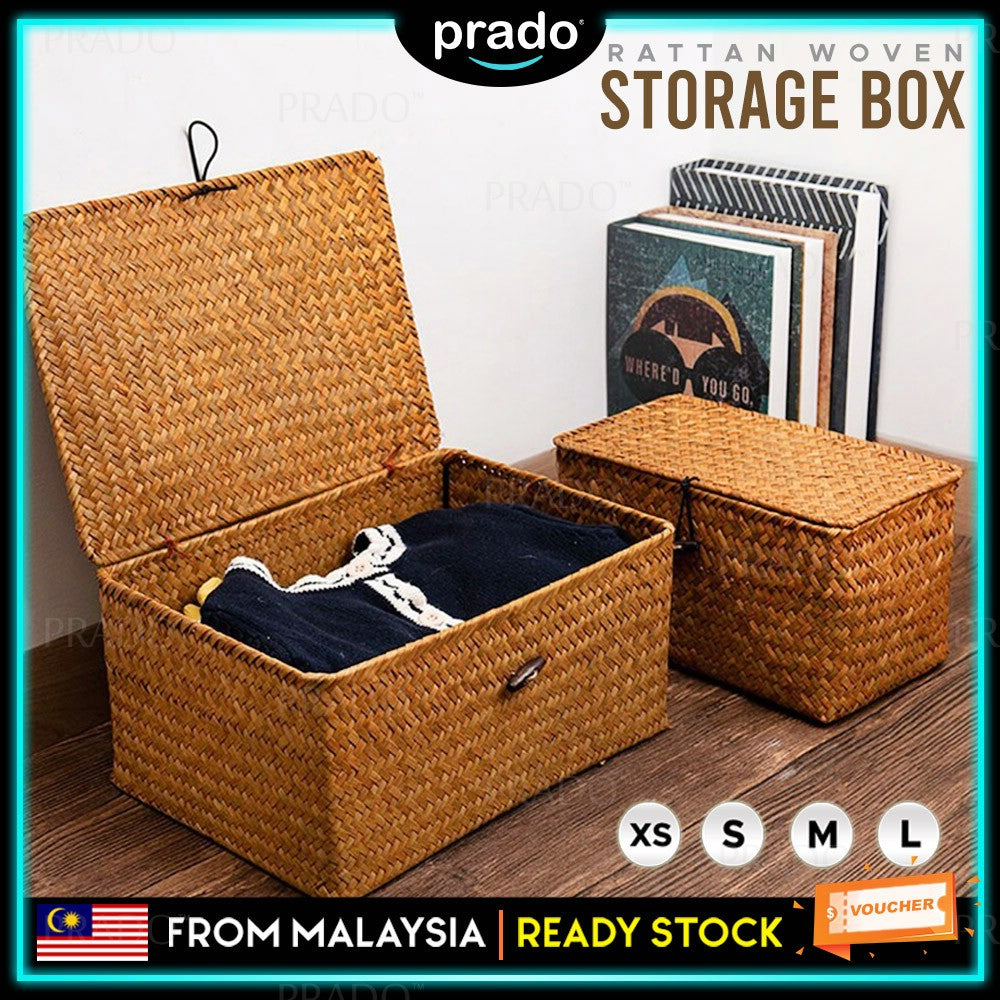 PRADO Lidded Seagrass Rattan Storage Hamper