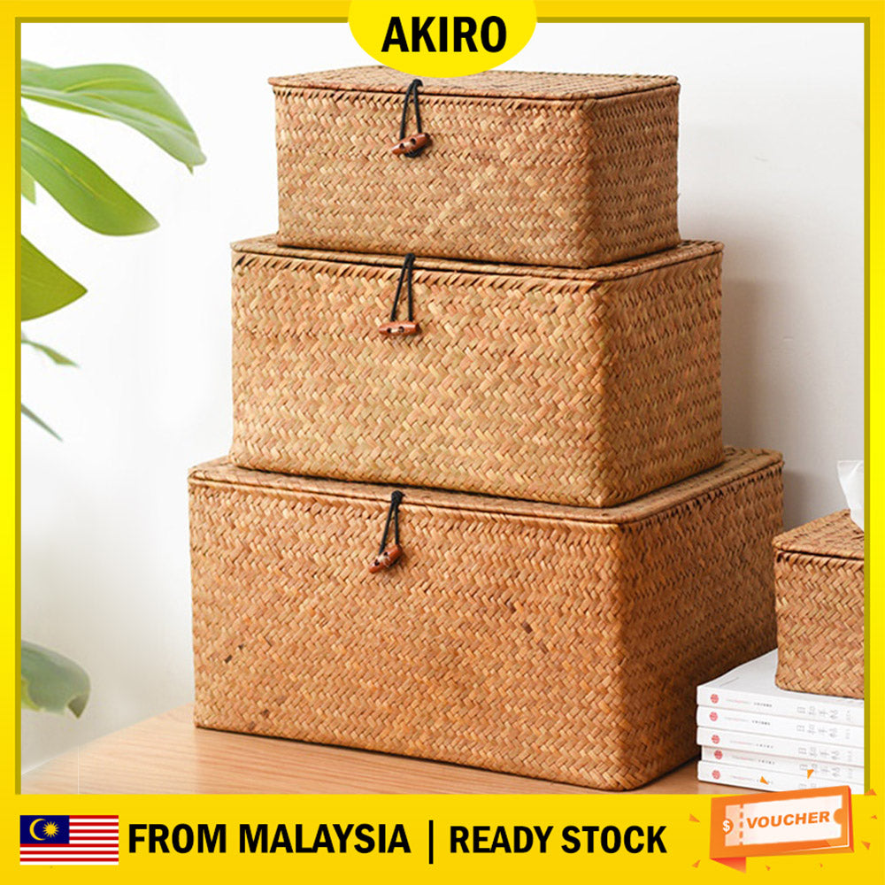 AKIRO HOME Lidded Seagrass Rattan Storage Hamper