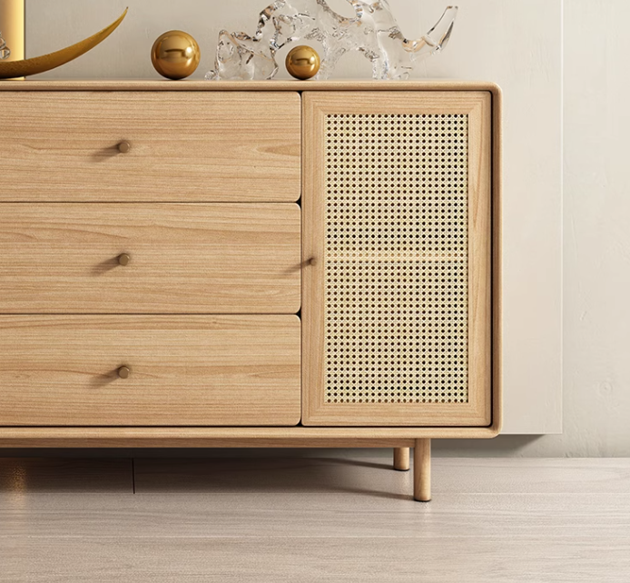 Solid Wood Rattan Woven TV Side Cabinet