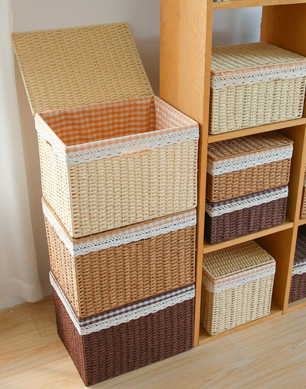 Large Lidded Rattan Storage Basket Box