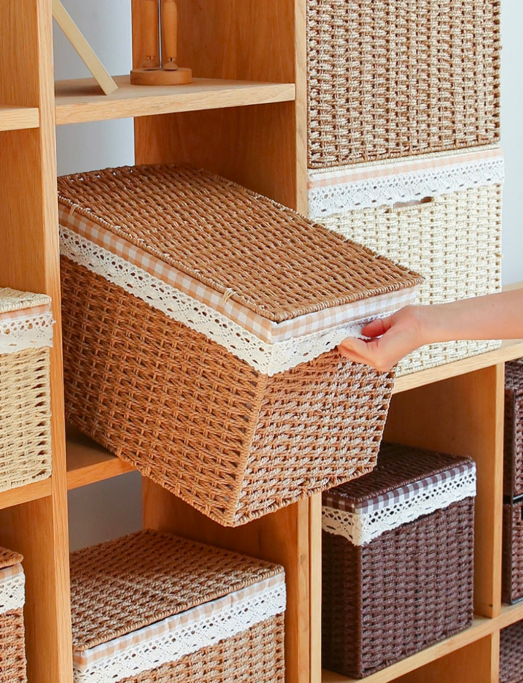 Large Lidded Rattan Storage Basket Box