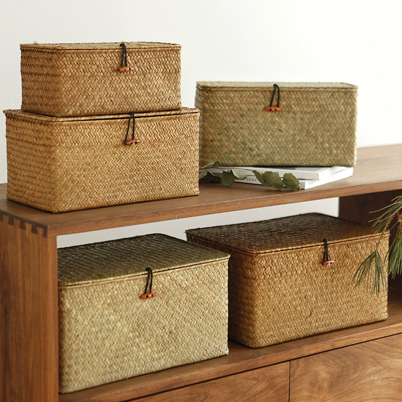 Lidded Handwoven Seagrass Rattan Storage Basket