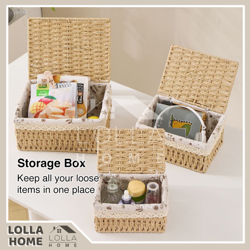 Lidded Fabric Rattan Storage Organizer Box