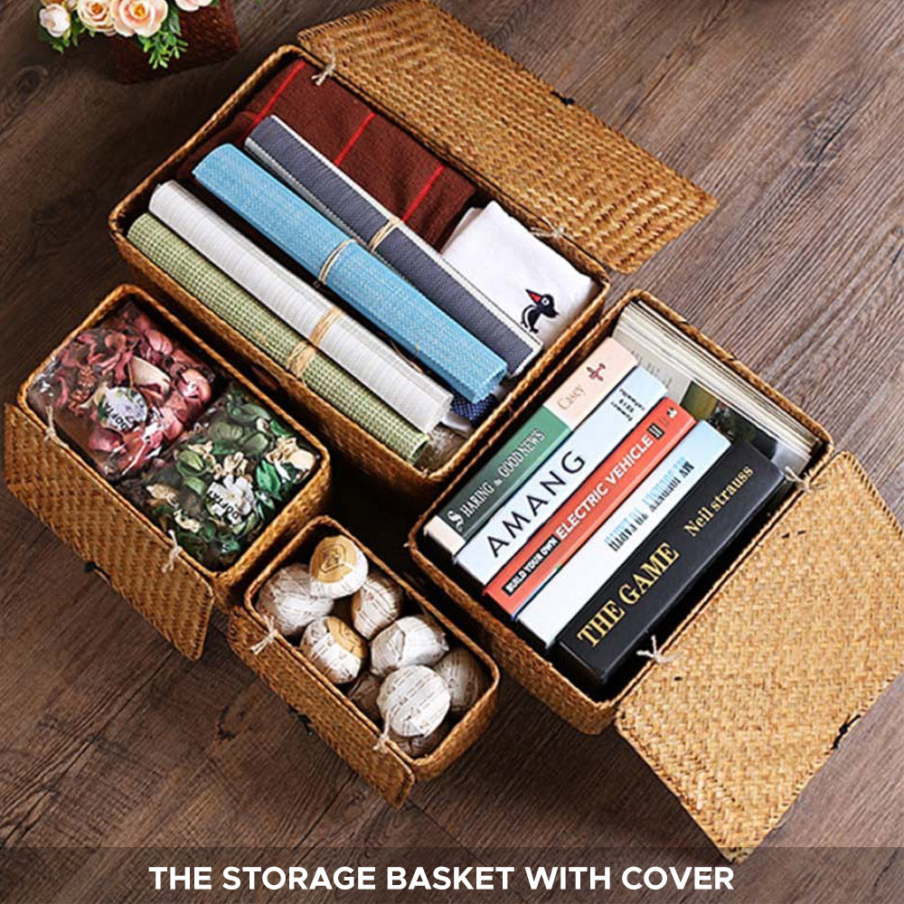 AKIRO HOME Lidded Seagrass Rattan Storage Hamper